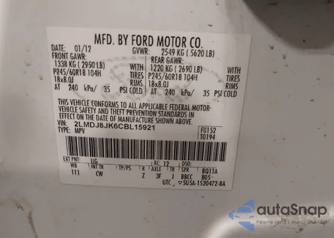 2012 Lincoln Mkx z USA, uszkodzony, nr VIN 2LMDJ8JK6CBL15921